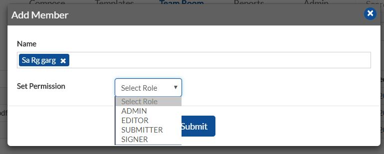 Choose a role (Admin, Editor, Submitter or Signer) and click submit
