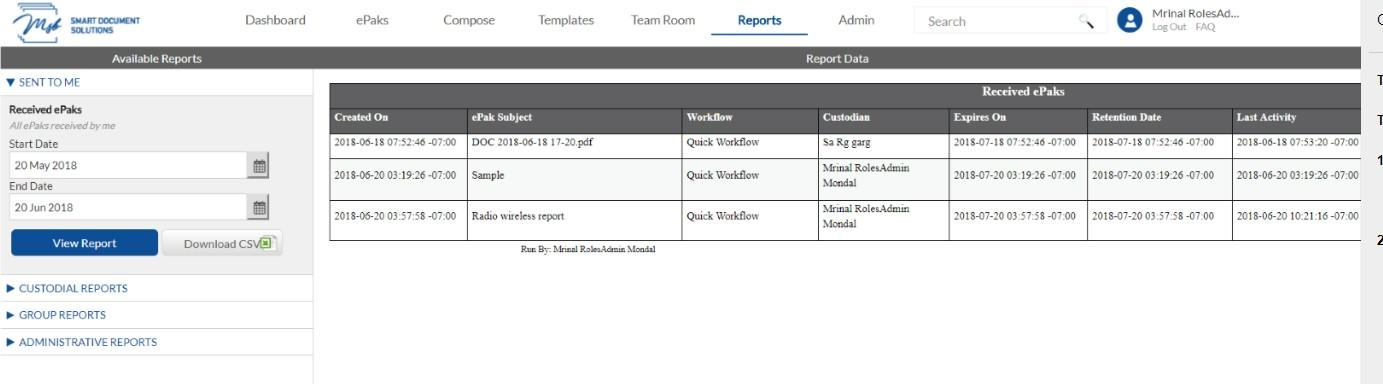 Download CSV button to download the report data in a CSV file
