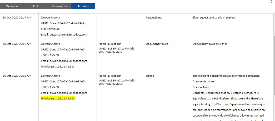 EPak activities have IP address under the user details