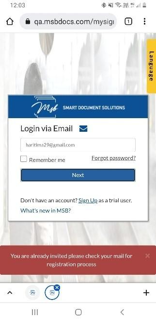 email notification to register on the application