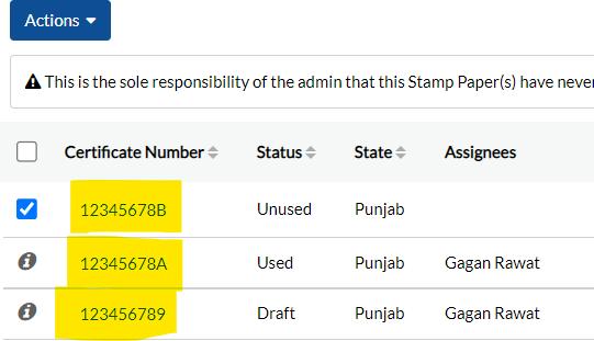 Certificate Numbers of stamp papers to view the details